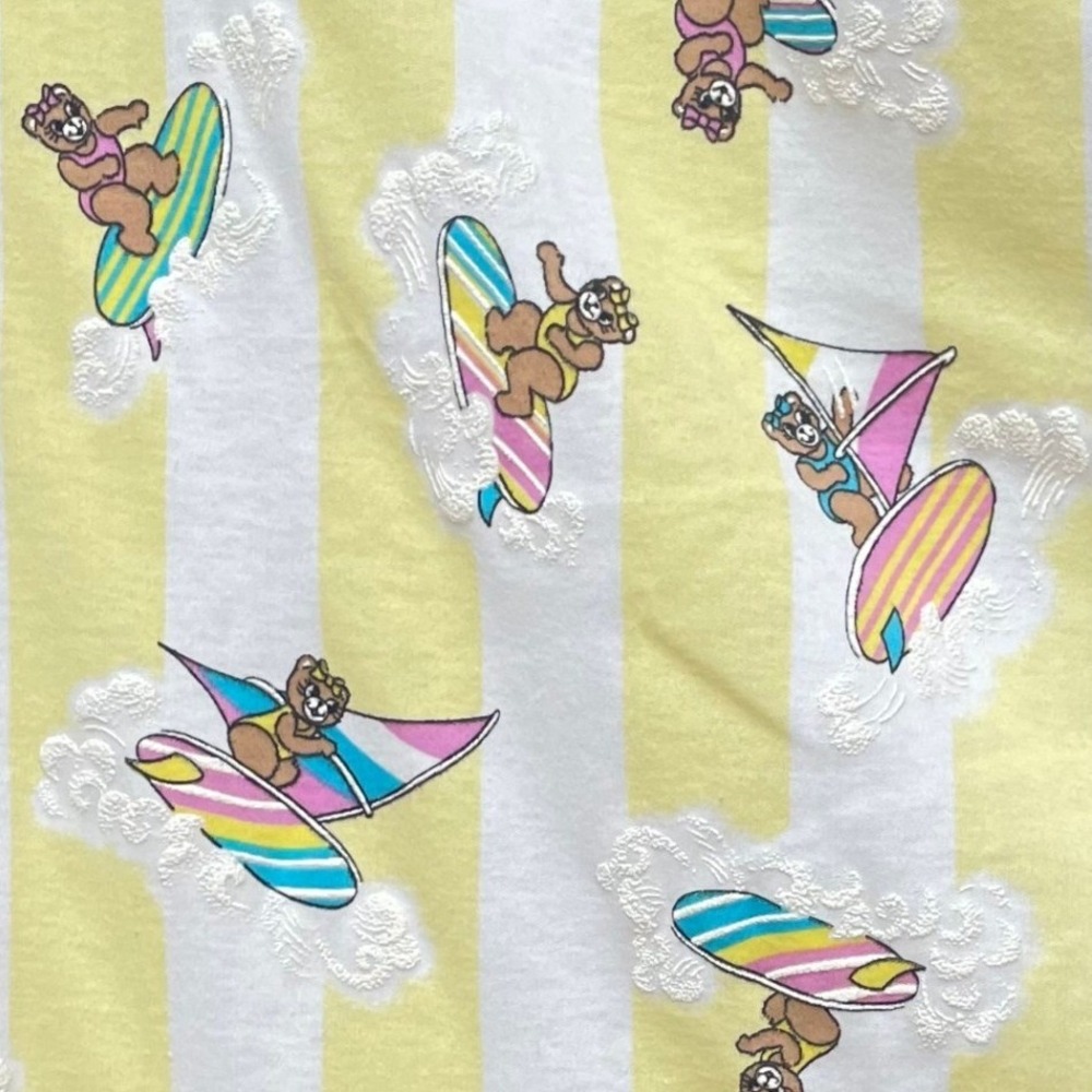 Vintage Fabric Remnant Child Bears Surfing Striped Windsurfing Retro 80s 90s